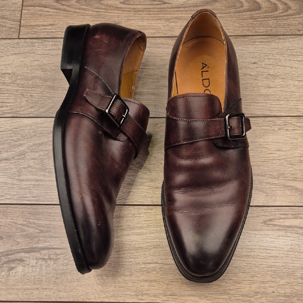 ALDO Cherry Brown Leather Monk Strap Sz 10.5‎ Mens Dress Shoes Loafers